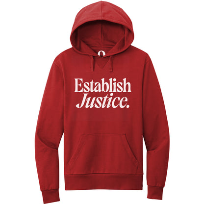 "Establish Justice." Quorum Pullover Hoodie editorial print in Revolution Red