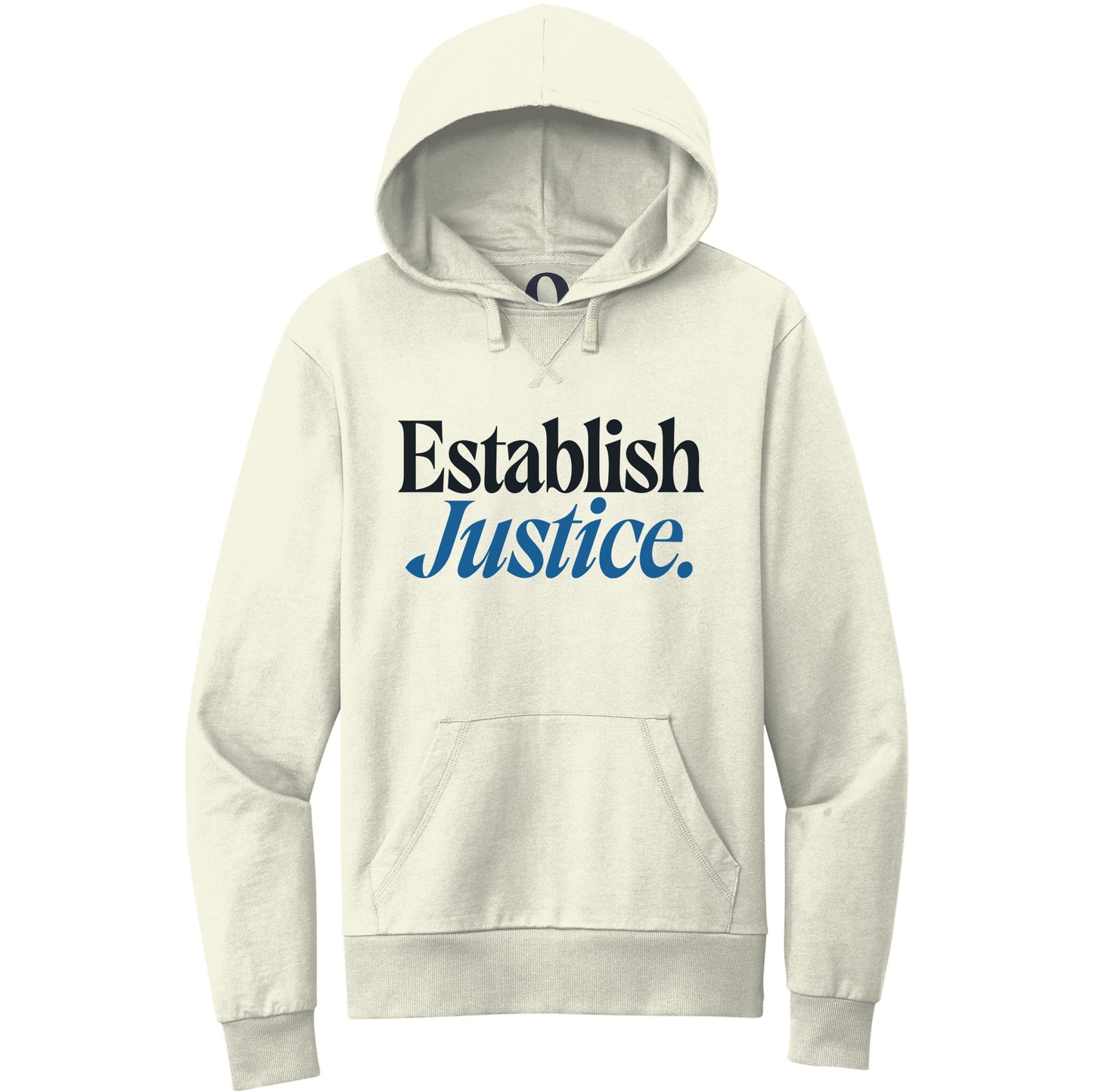 "Establish Justice." Quorum Pullover Hoodie front print in White Sand