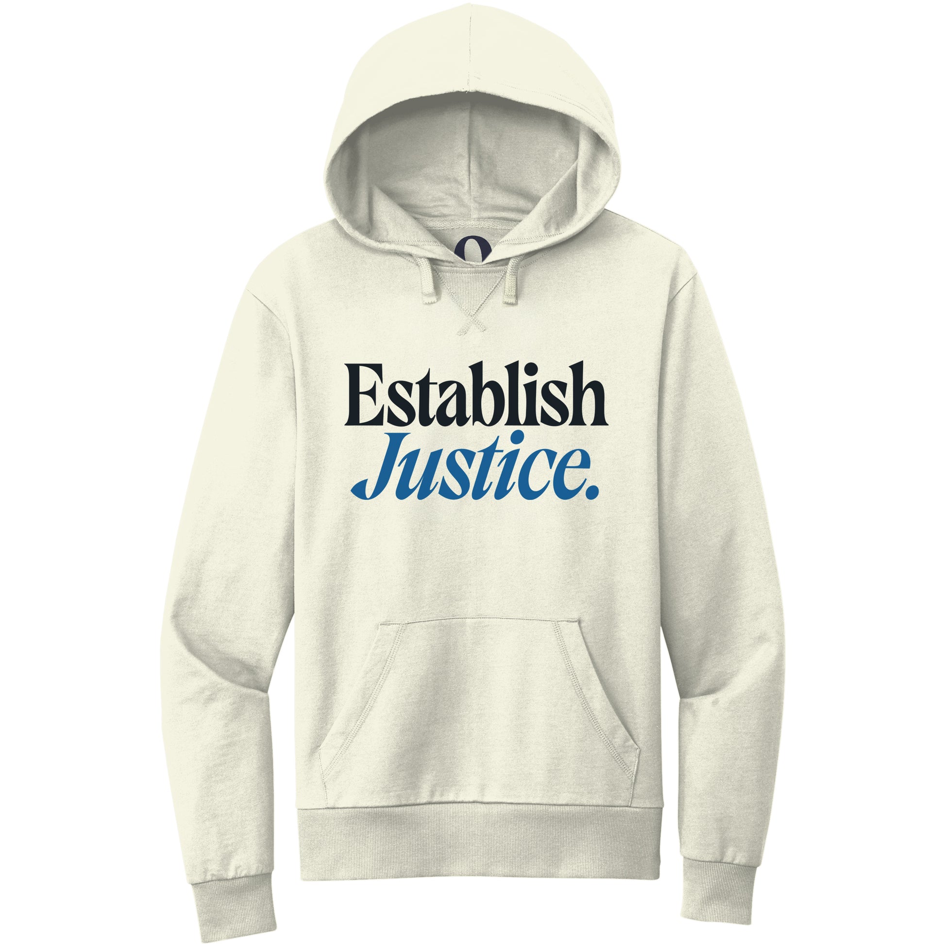 "Establish Justice." Quorum Pullover Hoodie front print in White Sand