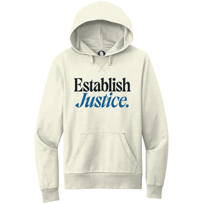 "Establish Justice." Quorum Pullover Hoodie front print in White Sand