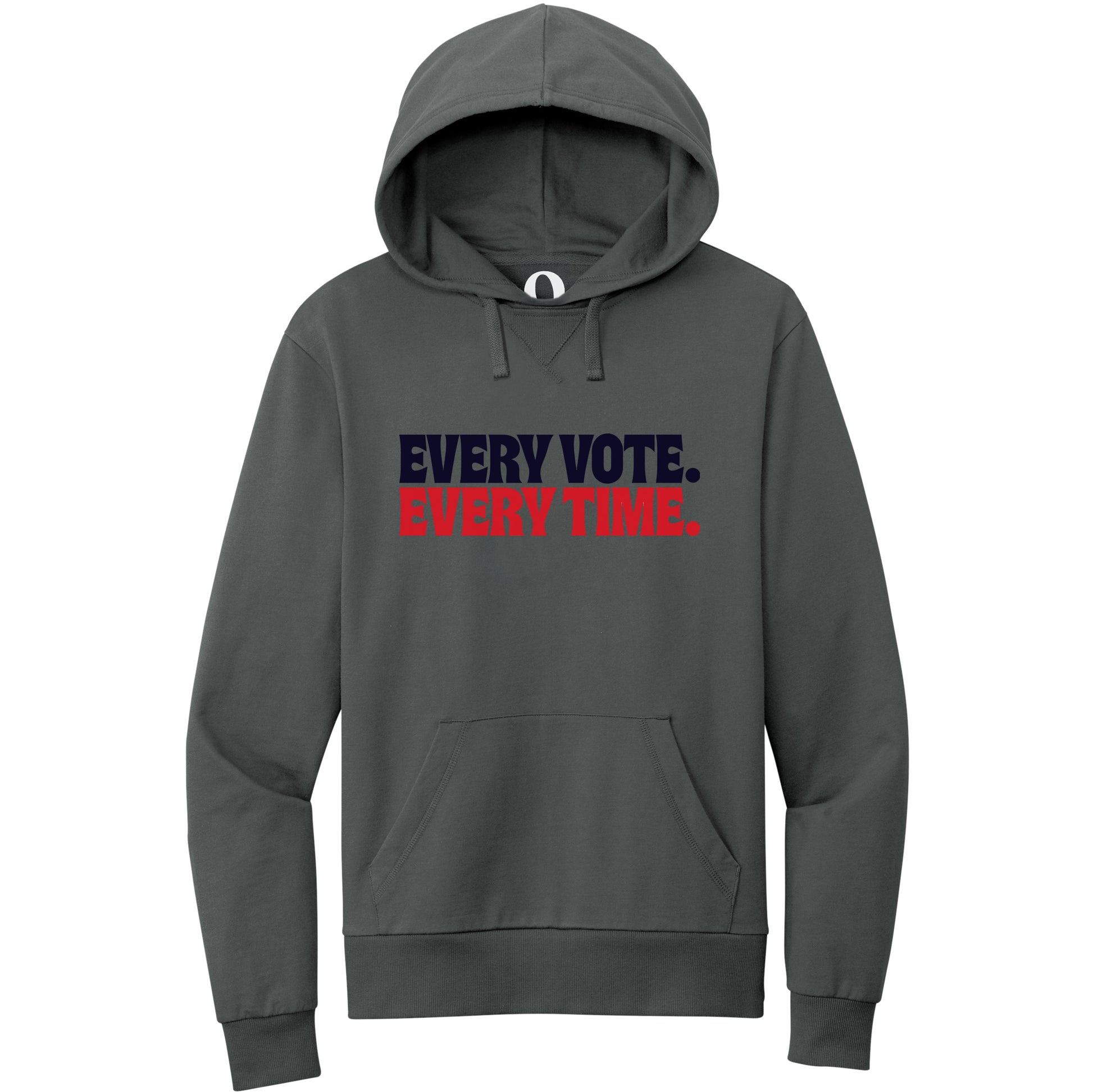 "Every Vote. Every Time." Quorum Pullover Hoodie front print in Terrain Grey
