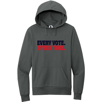 "Every Vote. Every Time." Quorum Pullover Hoodie front print in Terrain Grey