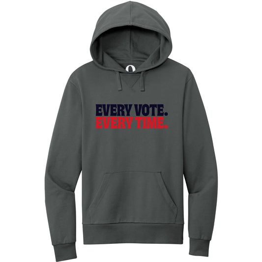 "Every Vote. Every Time." Quorum Pullover Hoodie front print in Terrain Grey