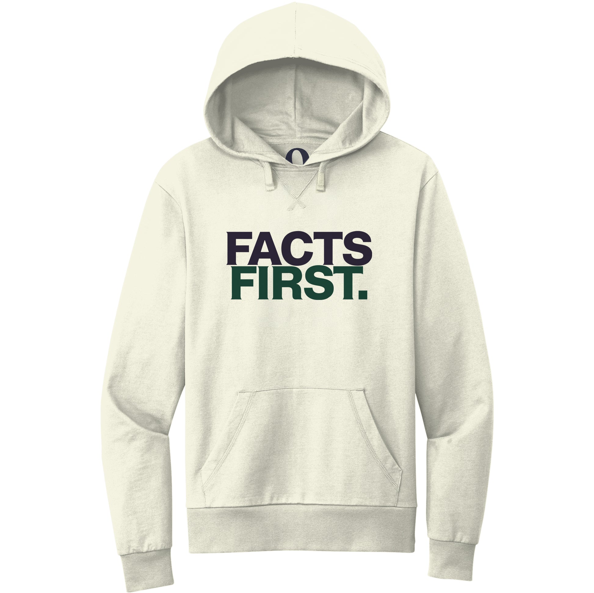 "Facts First." Quorum Pullover Hoodie front print in White Sand
