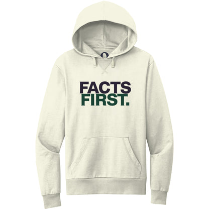 "Facts First." Quorum Pullover Hoodie front print in White Sand