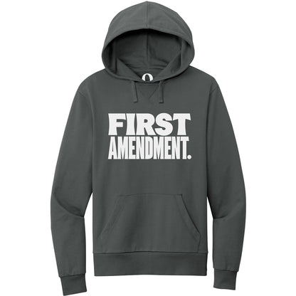 "First Amendment." Quorum Pullover Hoodie editorial print in Terrain Grey