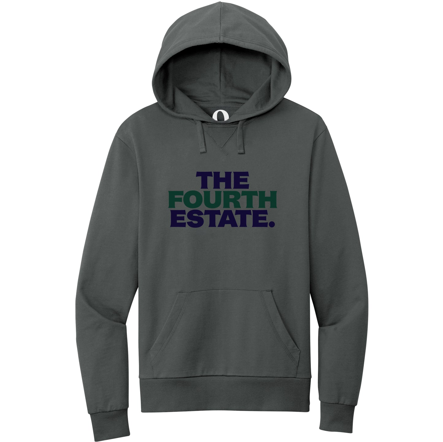 "The Fourth Estate." Quorum Pullover Hoodie front print in Terrain Grey