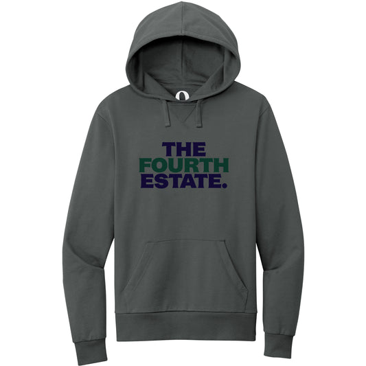 "The Fourth Estate." Quorum Pullover Hoodie front print in Terrain Grey