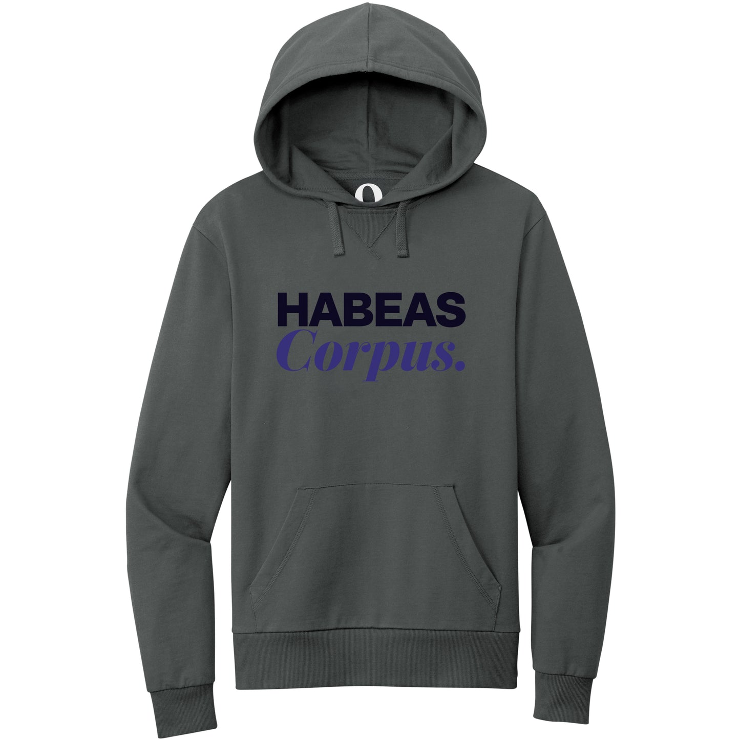 "Habeas Corpus." Quorum Pullover Hoodie front print in Terrain Grey