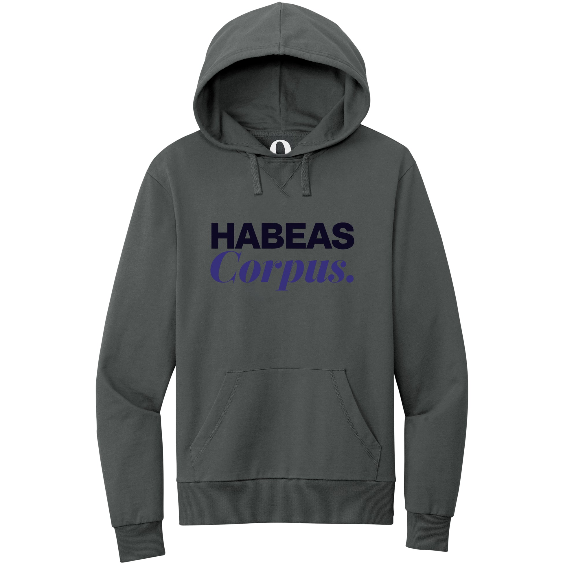 "Habeas Corpus." Quorum Pullover Hoodie front print in Terrain Grey