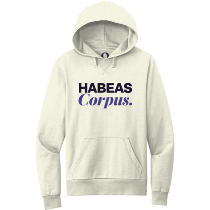 "Habeas Corpus." Quorum Pullover Hoodie front print in White Sand