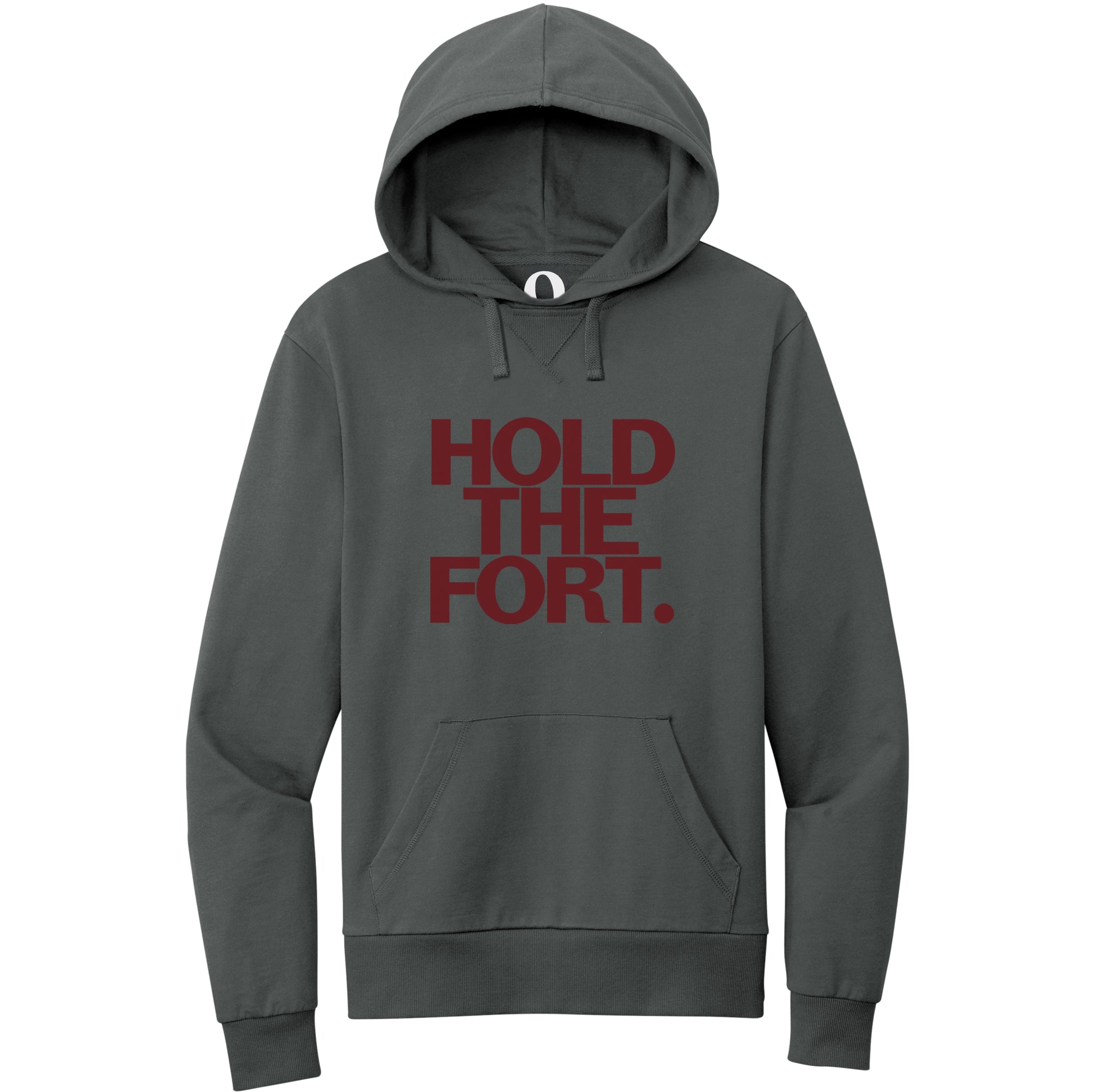 "Hold the Fort." Quorum Pullover Hoodie front print in Terrain Grey