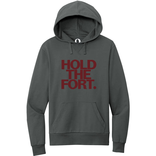 "Hold the Fort." Quorum Pullover Hoodie front print in Terrain Grey