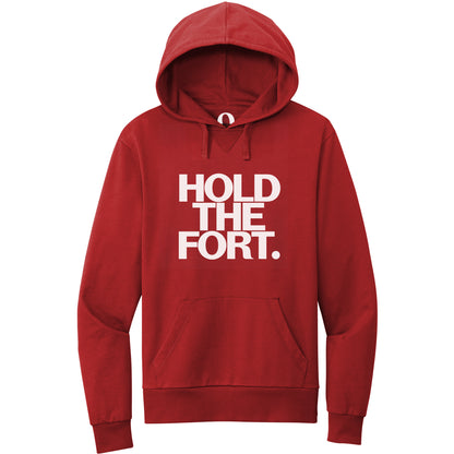 "Hold the Fort." Quorum Pullover Hoodie editorial print in Revolution Red