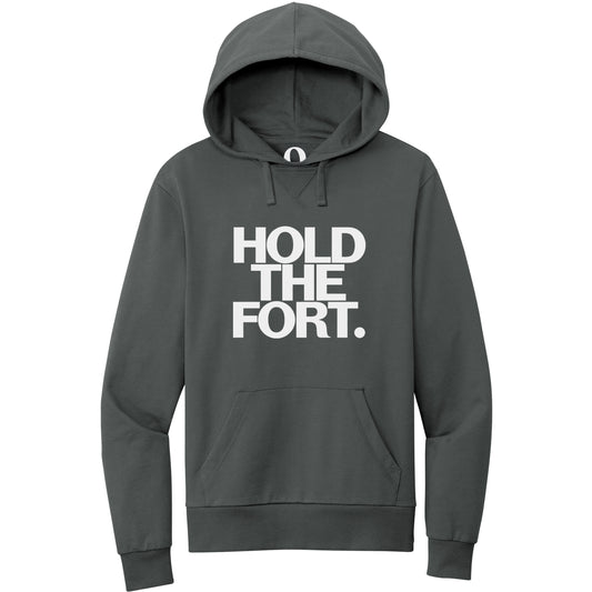 "Hold the Fort." Quorum Pullover Hoodie editorial print in Terrain Grey