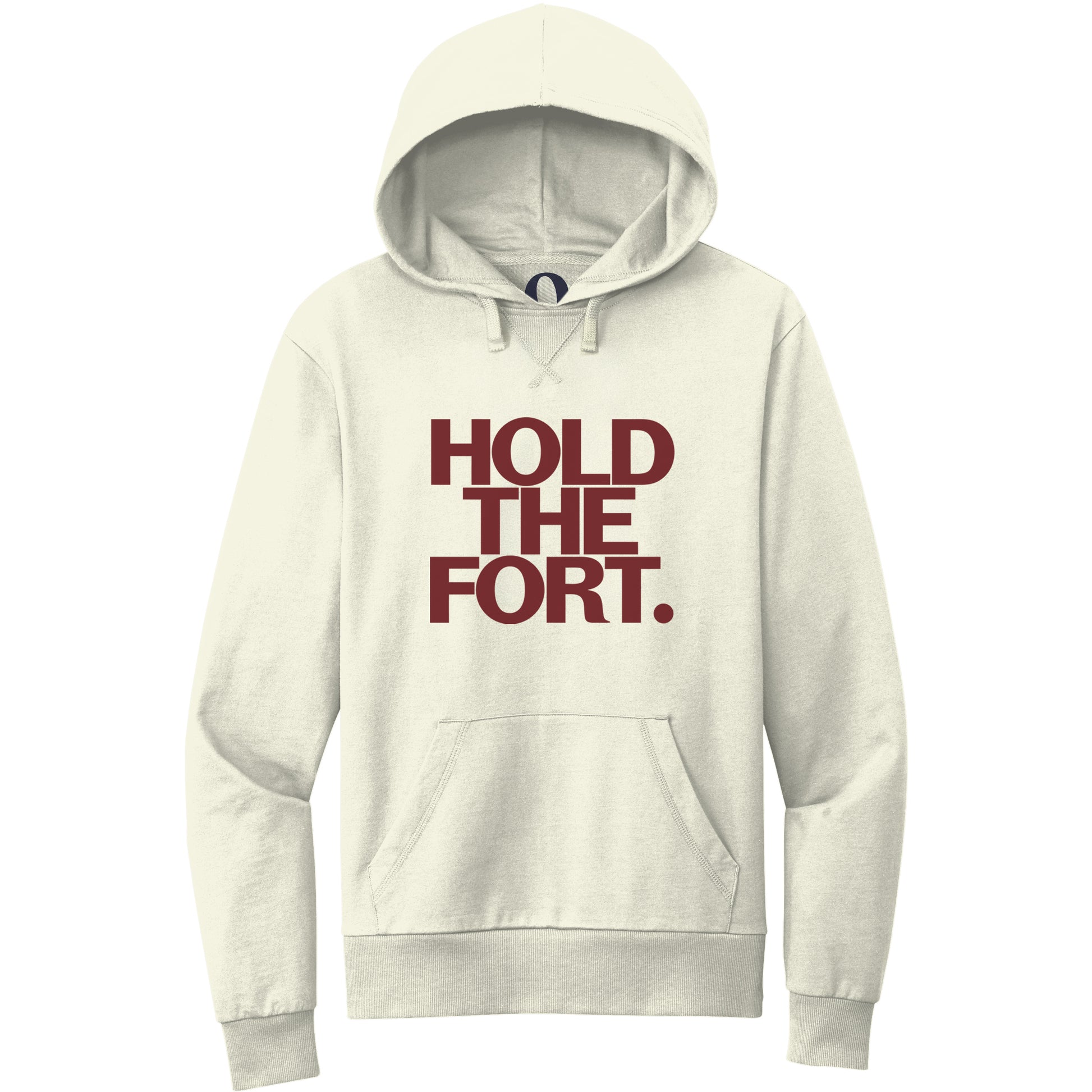 "Hold the Fort." Quorum Pullover Hoodie front print in White Sand