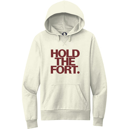 "Hold the Fort." Quorum Pullover Hoodie front print in White Sand