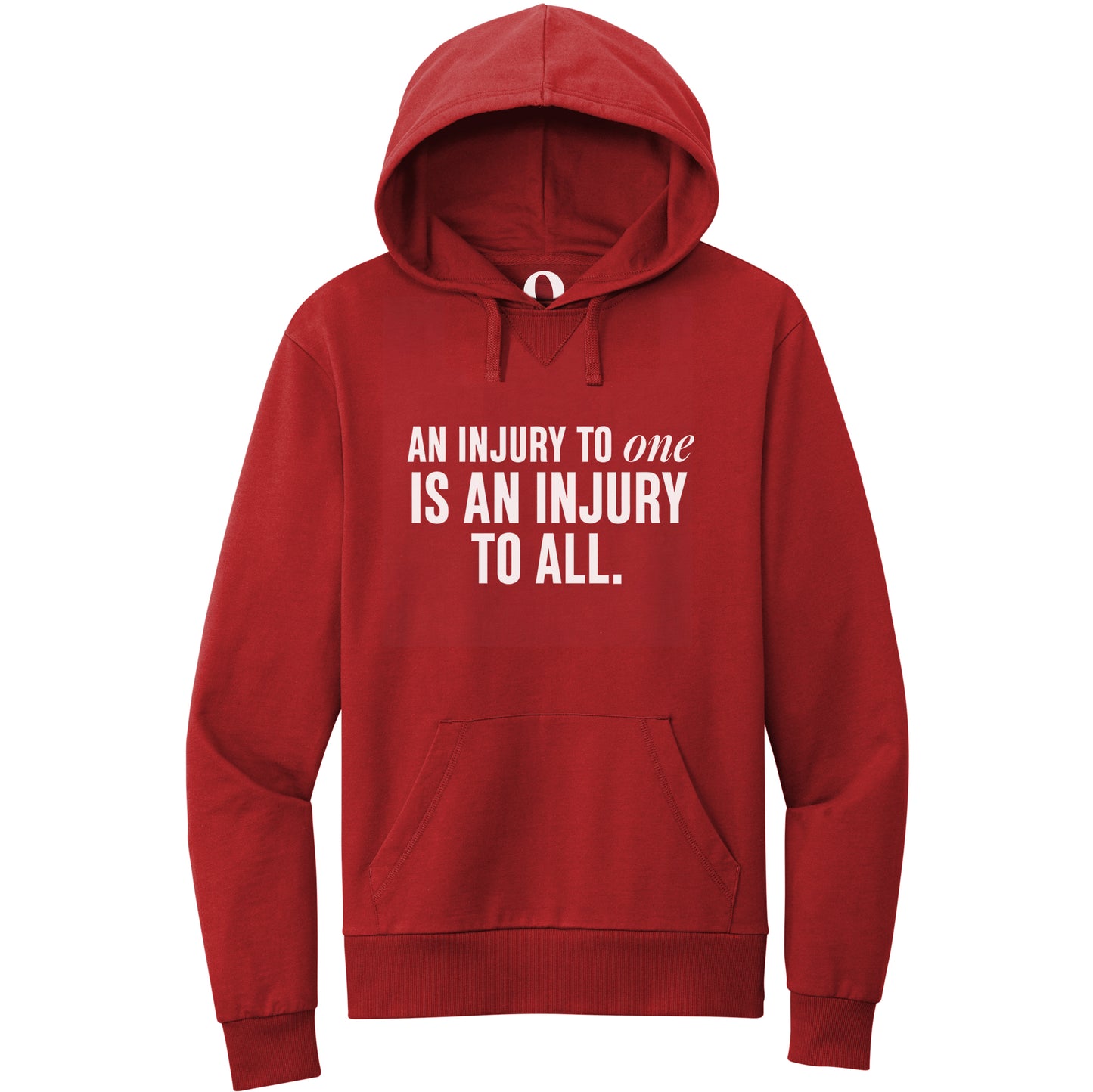 "An injury to one is an injury to all." Quorum Pullover Hoodie editorial print in Revolution Red