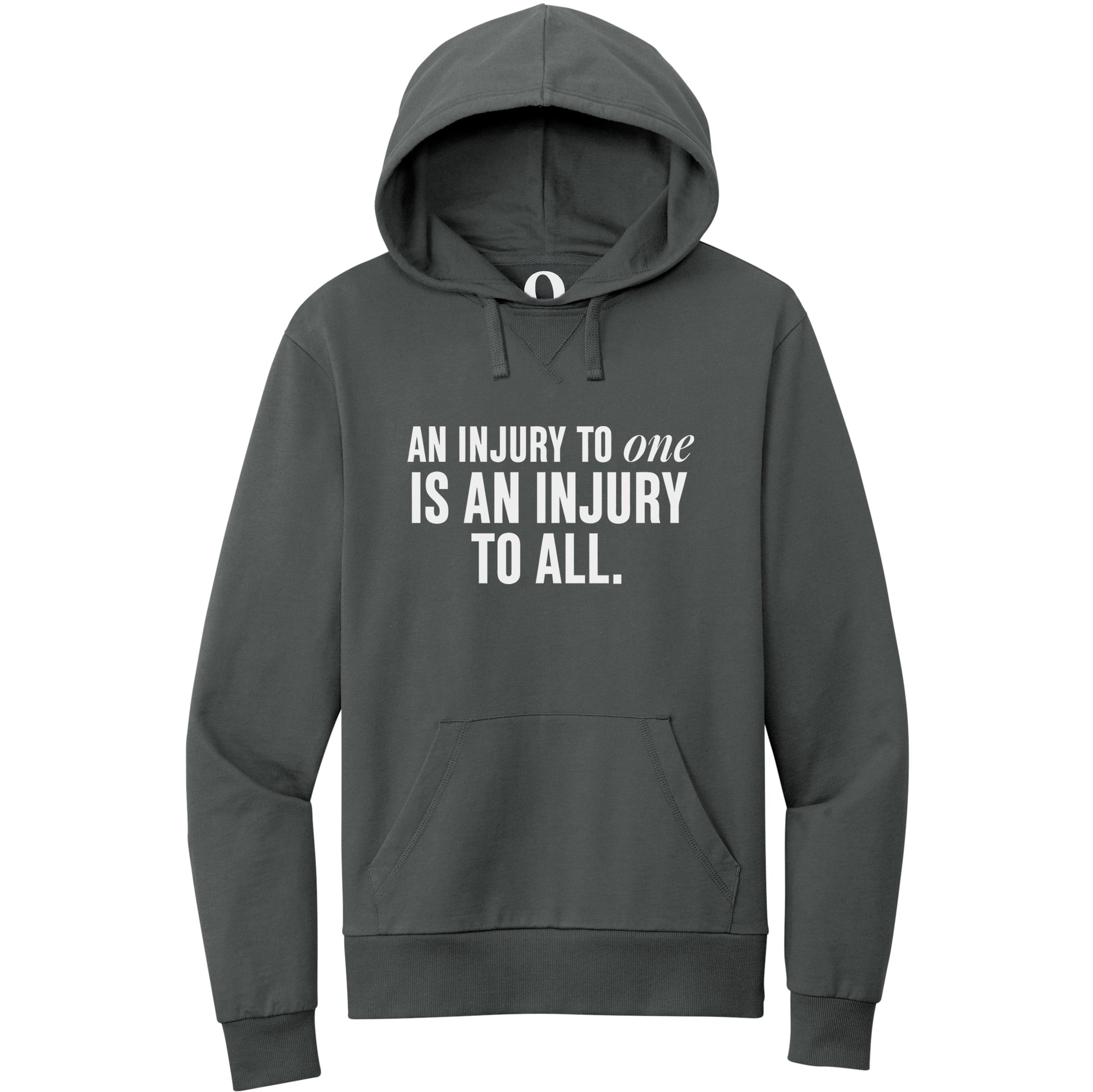 "An injury to one is an injury to all." Quorum Pullover Hoodie editorial print in Terrain Grey