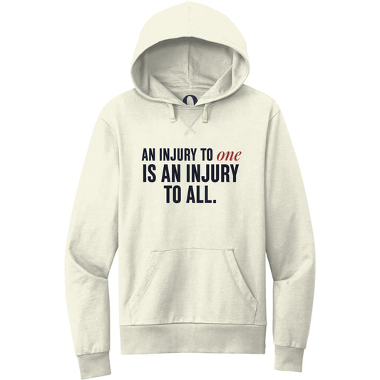 "An injury to one is an injury to all." Quorum Pullover Hoodie front print in White Sand