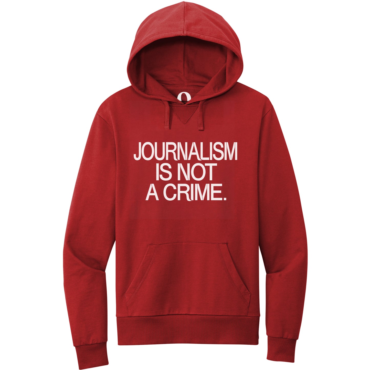 "Journalism is not a crime." Quorum Pullover Hoodie editorial print in Revolution Red