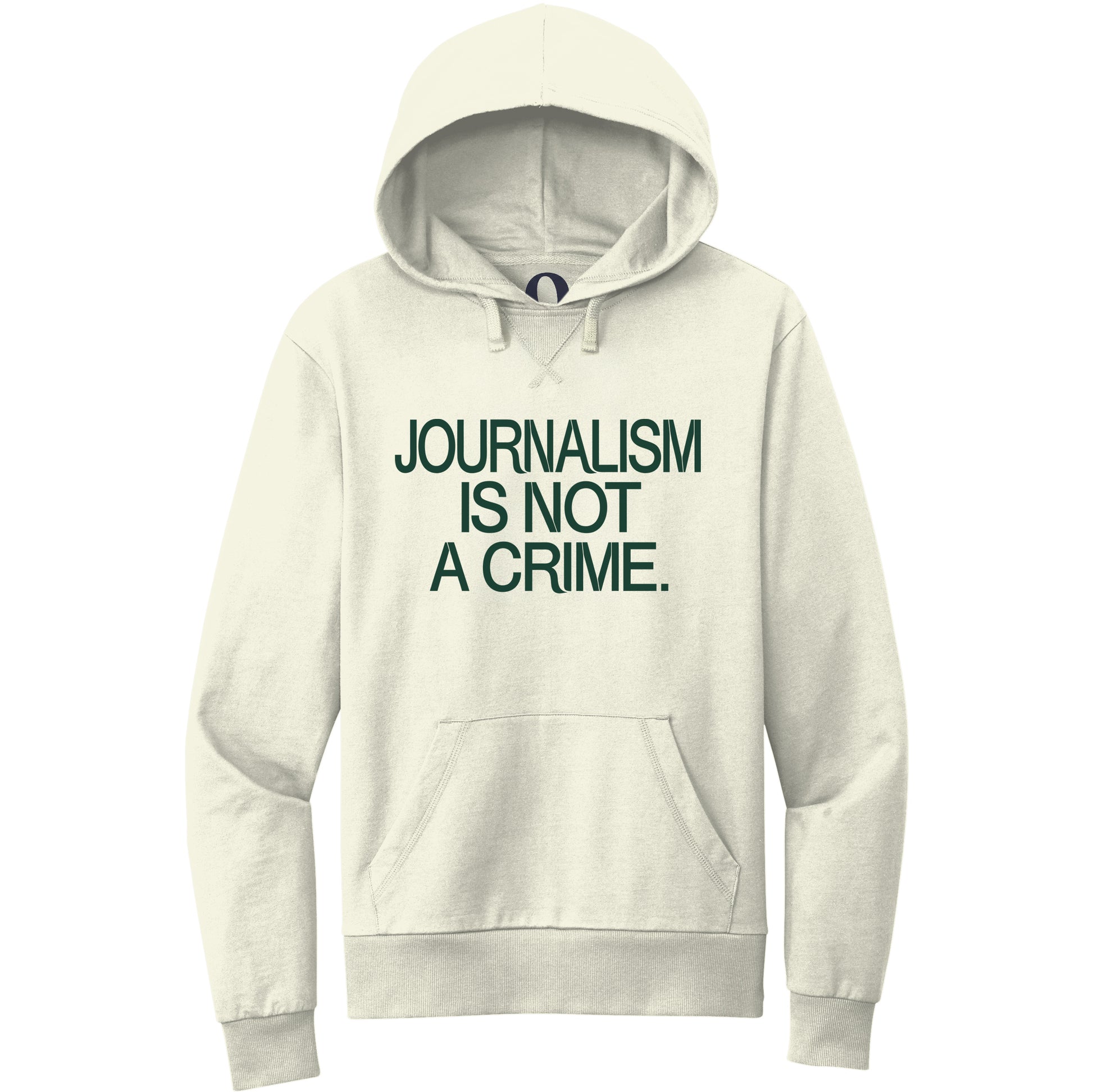"Journalism is not a crime." Quorum Pullover Hoodie front print in White Sand