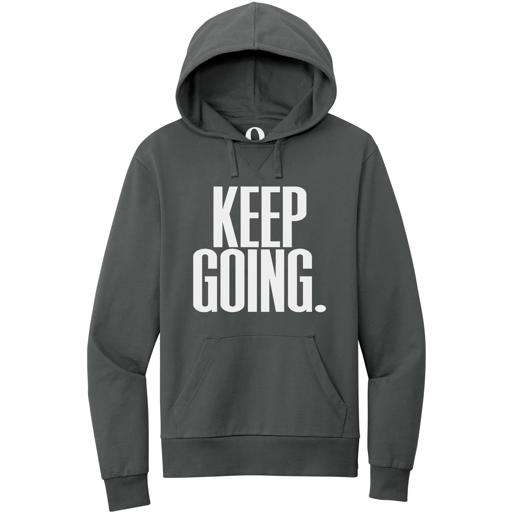 "Keep Going." Quorum Pullover Hoodie editorial print in Terrain Grey