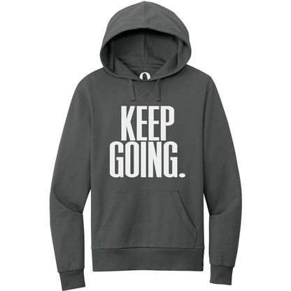 "Keep Going." Quorum Pullover Hoodie editorial print in Terrain Grey