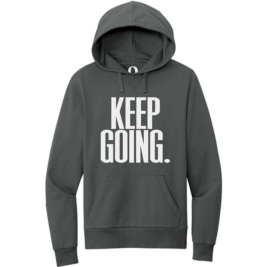 "Keep Going." Quorum Pullover Hoodie editorial print in Terrain Grey