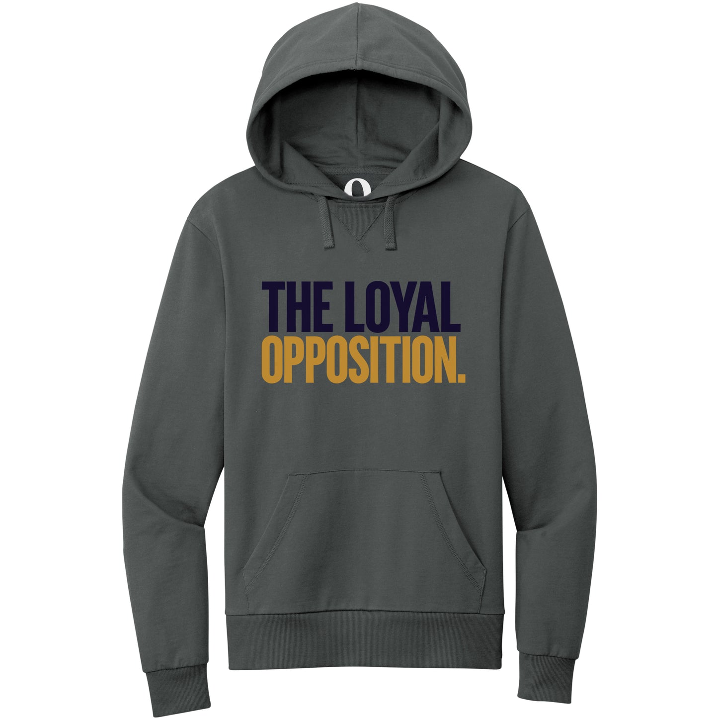 "The Loyal Opposition." Quorum Pullover Hoodie front print in Terrain Grey