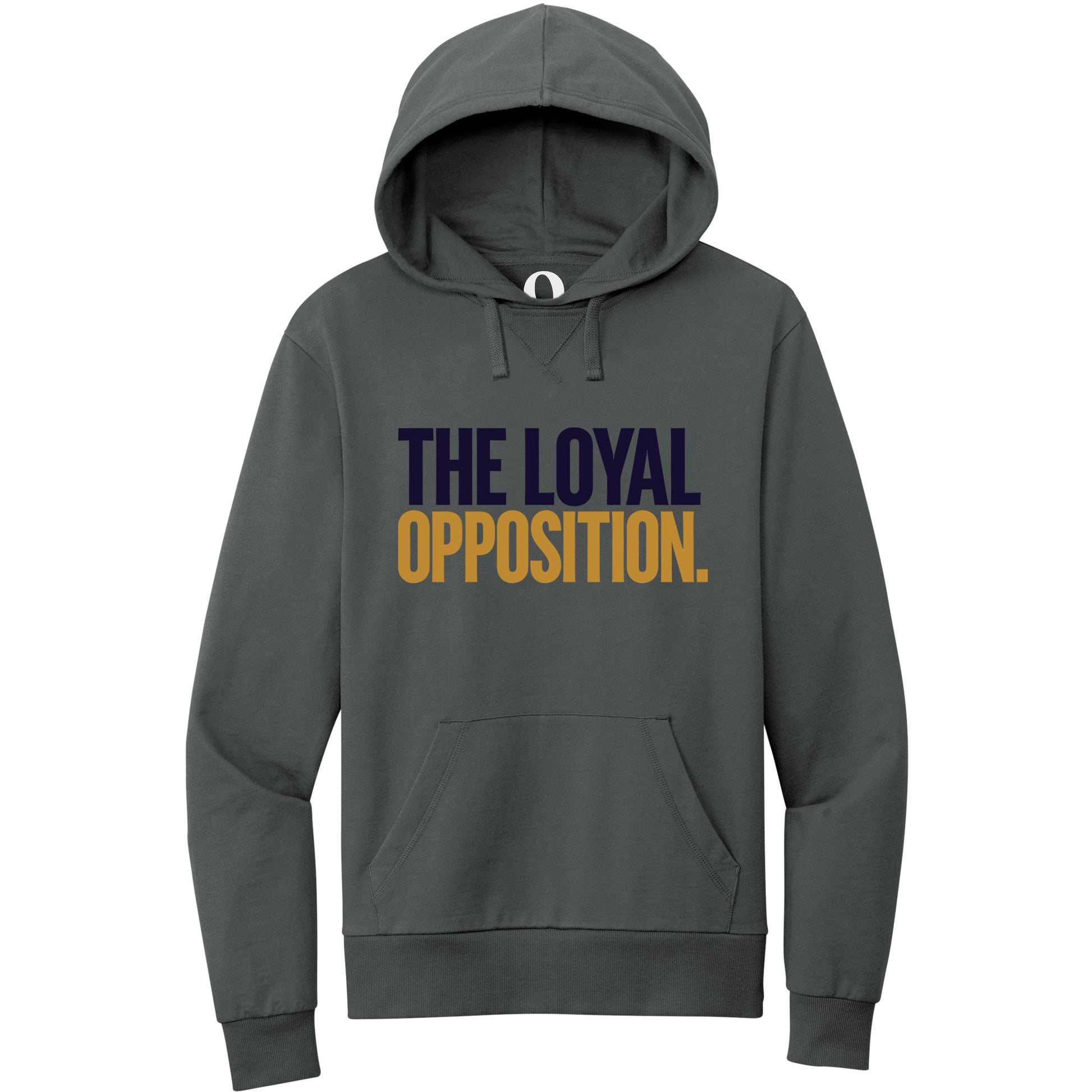 "The Loyal Opposition." Quorum Pullover Hoodie front print in Terrain Grey