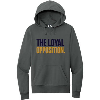 "The Loyal Opposition." Quorum Pullover Hoodie front print in Terrain Grey