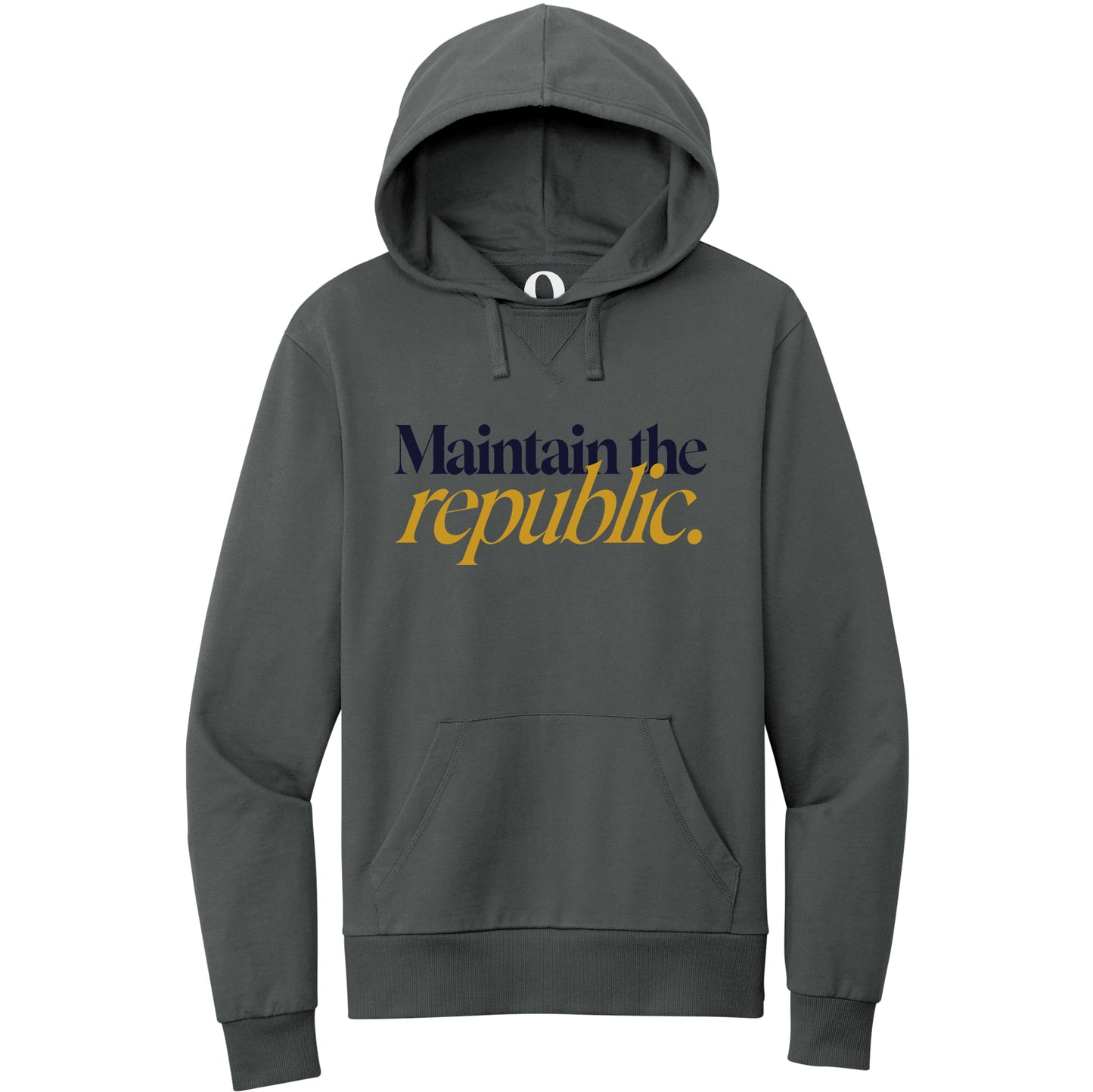 "Maintain the republic." Quorum Pullover Hoodie front print in Terrain Grey