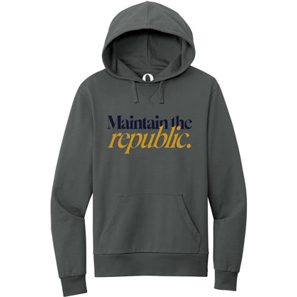 "Maintain the republic." Quorum Pullover Hoodie front print in Terrain Grey