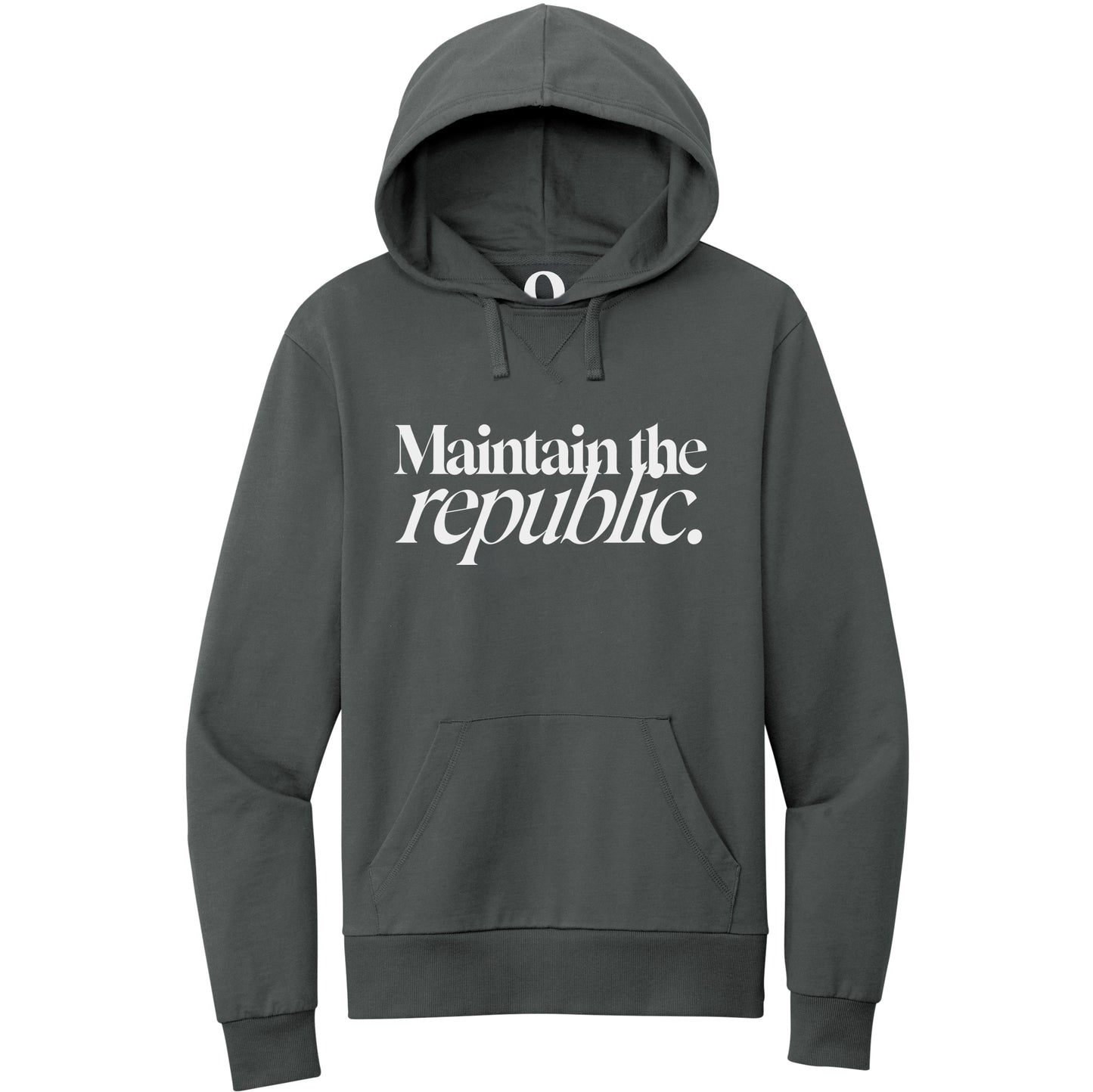 "Maintain the republic." Quorum Pullover Hoodie editorial print in Terrain Grey
