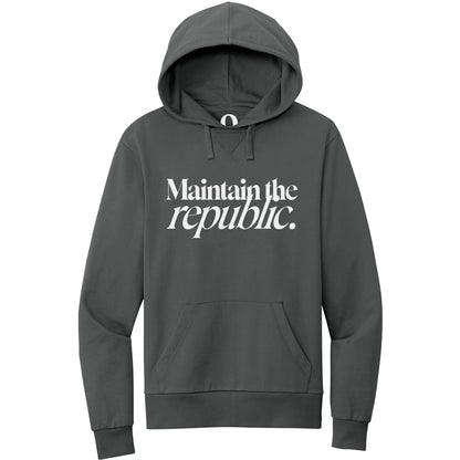 "Maintain the republic." Quorum Pullover Hoodie editorial print in Terrain Grey