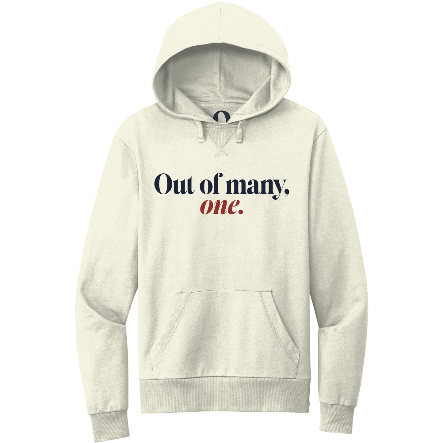 "Out of many, one." Quorum Pullover Hoodie front print in White Sand