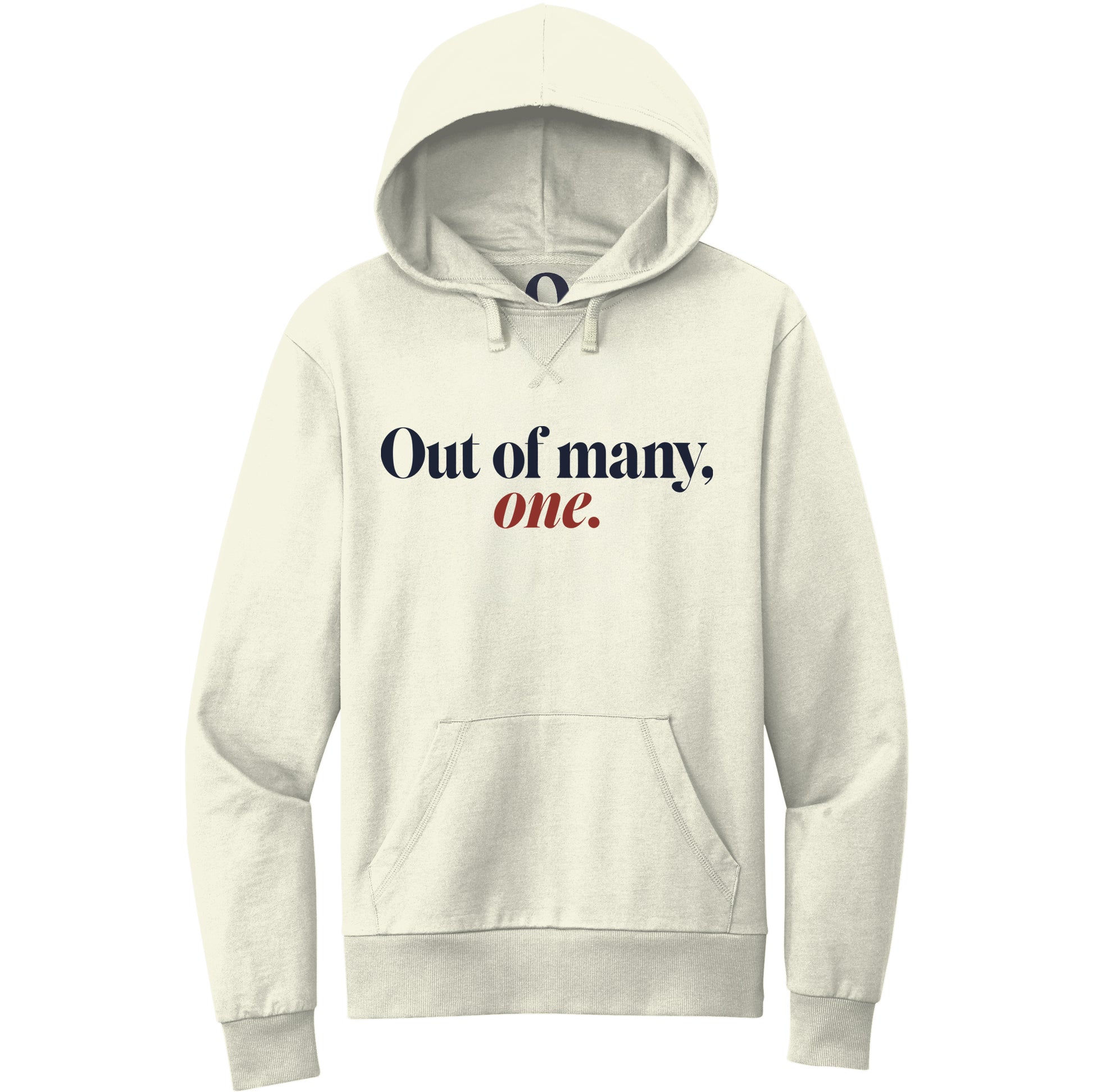 "Out of many, one." Quorum Pullover Hoodie front print in White Sand
