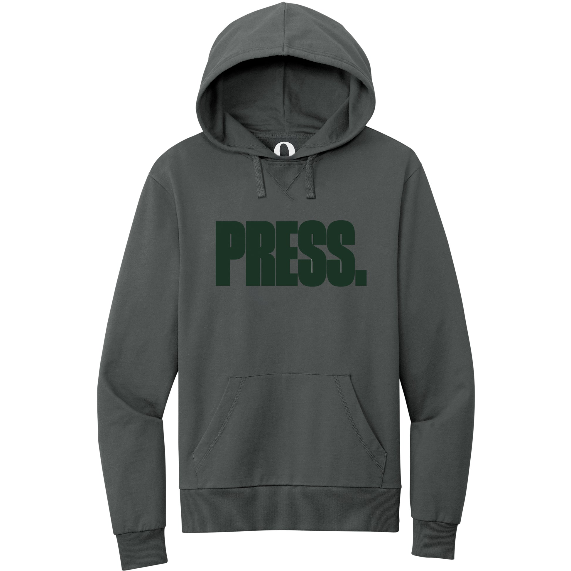 "Press." Quorum Pullover Hoodie front print in Terrain Grey