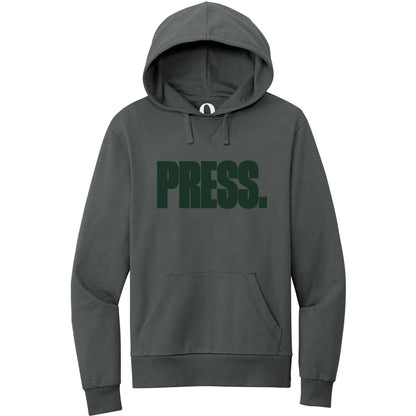 "Press." Quorum Pullover Hoodie front print in Terrain Grey