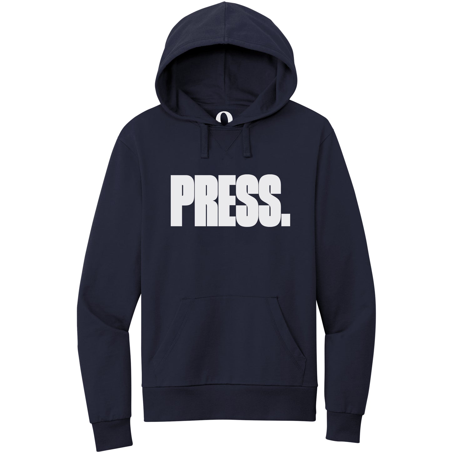 "Press." Quorum Pullover Hoodie editorial print in Night Sky Navy