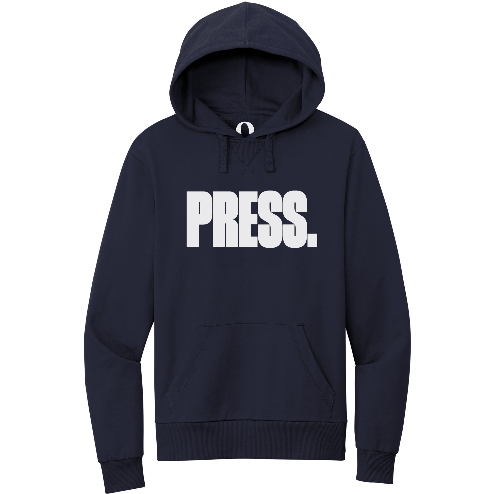 "Press." Quorum Pullover Hoodie editorial print in Night Sky Navy