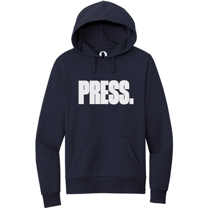 "Press." Quorum Pullover Hoodie editorial print in Night Sky Navy