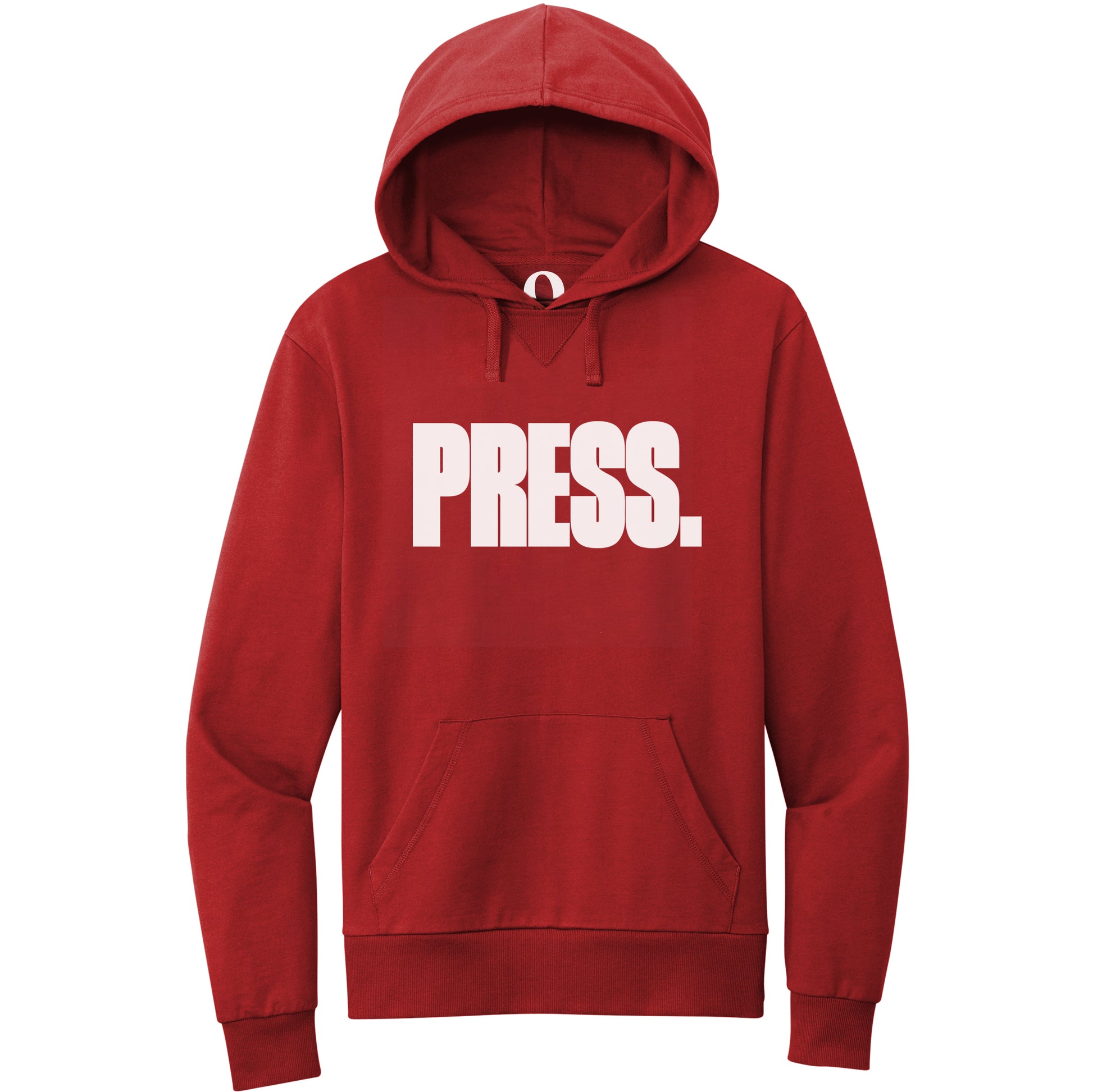 "Press." Quorum Pullover Hoodie editorial print in Revolution Red