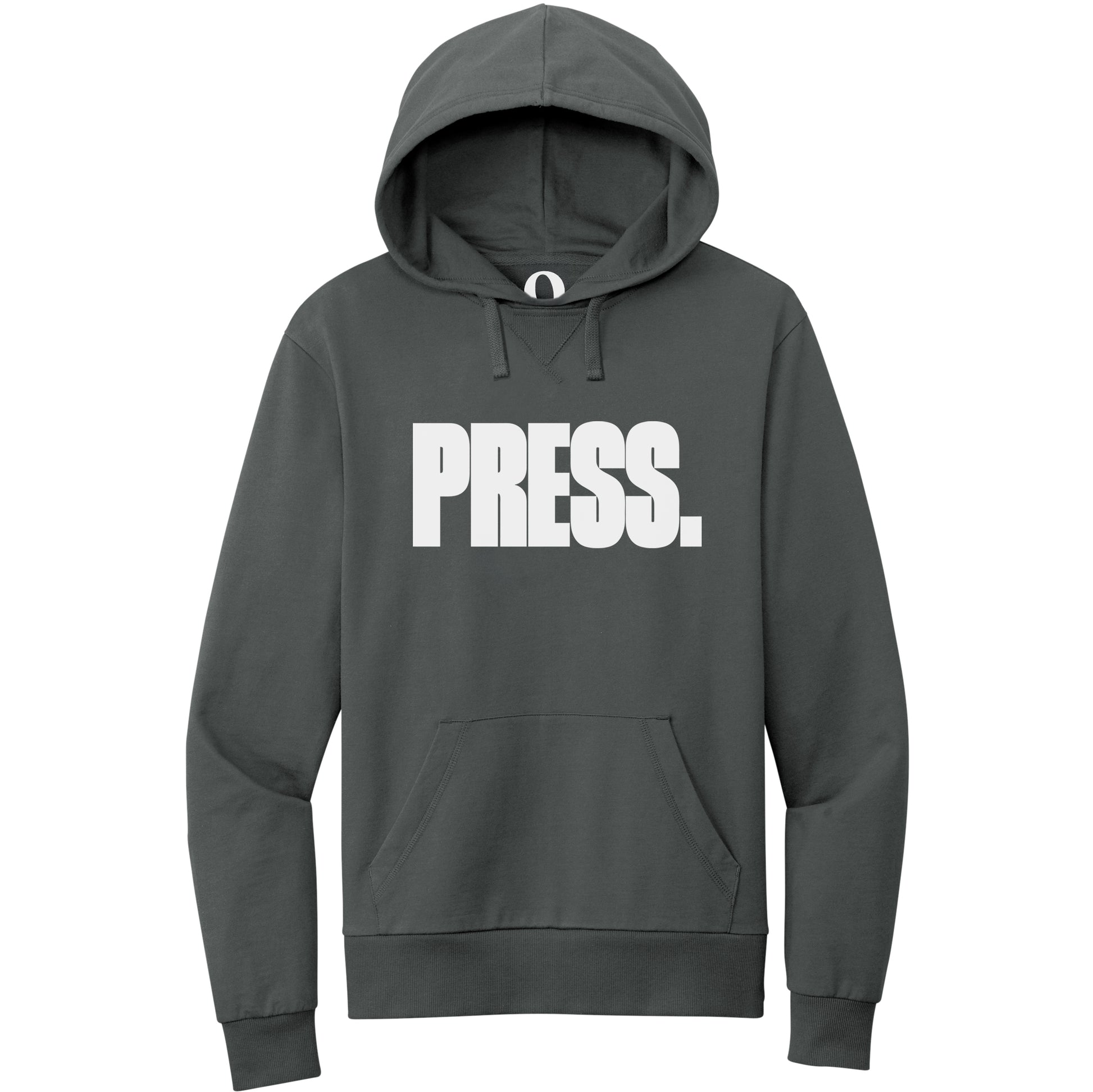 "Press." Quorum Pullover Hoodie editorial print in Terrain Grey