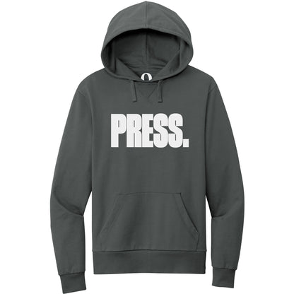 "Press." Quorum Pullover Hoodie editorial print in Terrain Grey