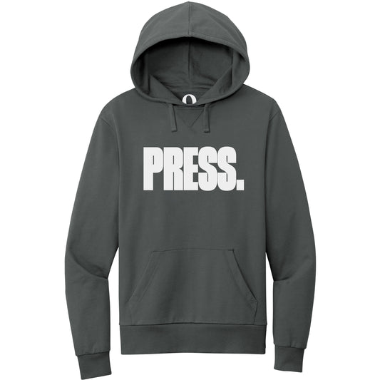 "Press." Quorum Pullover Hoodie editorial print in Terrain Grey