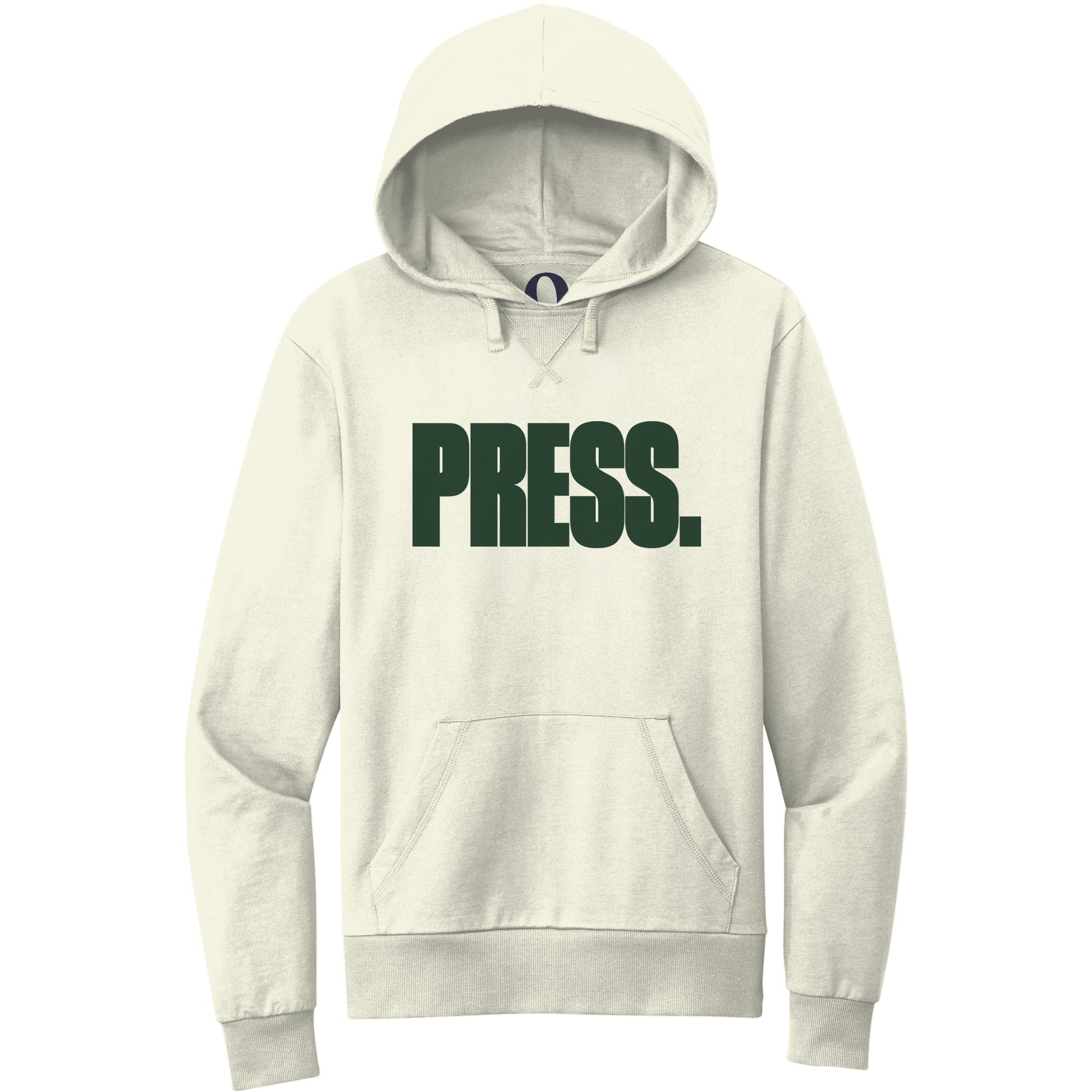 "Press." Quorum Pullover Hoodie front print in White Sand
