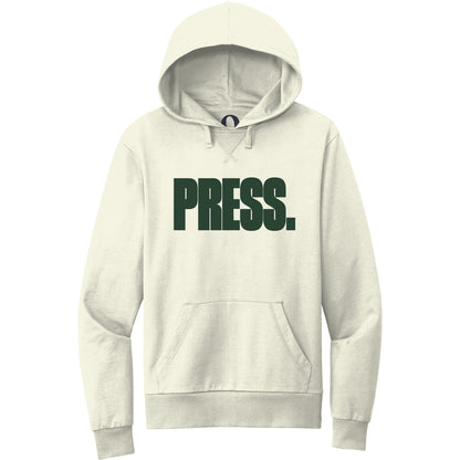 "Press." Quorum Pullover Hoodie front print in White Sand