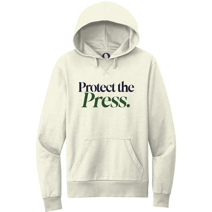"Protect the Press." Quorum Pullover Hoodie front print in White Sand